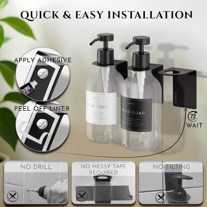 Shower Shampoo Dispenser Wall Mounted – 3 Refillable 16.9 oz Clear Bottles with Stainless Steel Pumps & No-Drill Adhesive Holders – Soap Dispenser Set for Bathroom (3 X Clear/Silver)