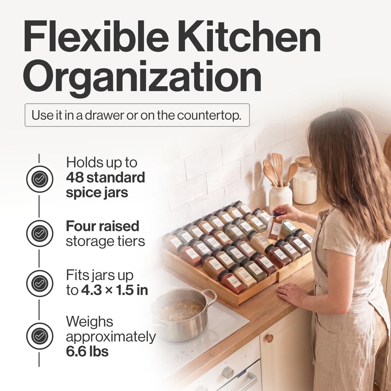 Bamboo Spice Drawer Organizer, Expandable 12 to 23 Inch Insert Holds 48 Jars, 4 Tier Seasoning Rack for Kitchen Drawer or Countertop, Adjustable Wood Spice Organizer