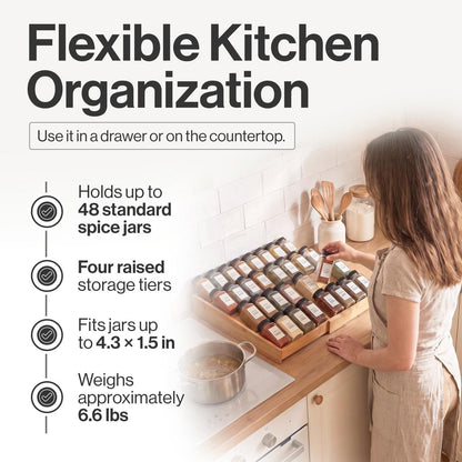 Bamboo Spice Drawer Organizer, Expandable 12 to 23 Inch Insert Holds 48 Jars, 4 Tier Seasoning Rack for Kitchen Drawer or Countertop, Adjustable Wood Spice Organizer