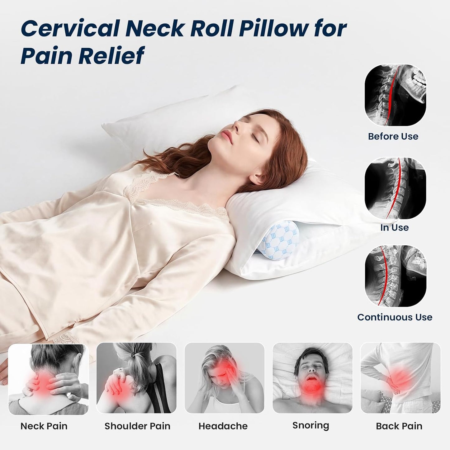 Neck Roll Pillow for Neck Pain Relief - Memory Foam Neck Support Pillow for Bed | Round Neck Pillow for Sleeping, 15.7 * 6 * 6 inch (Cool-Blue)