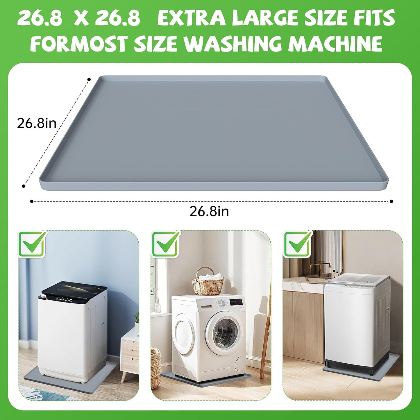Washing Machine Drain Pan, 27x27 Inch Silicone Mat with Raised Edge | Waterproof Leak Protector Tray for Under Washer and Dryer, Anti-Slip and Foldable Laundry Room Mat