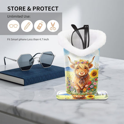 Plush Lined Eyeglasses Holder, Cute Magnetic PU Leather Glasses Stand Case for Women Men Kids
