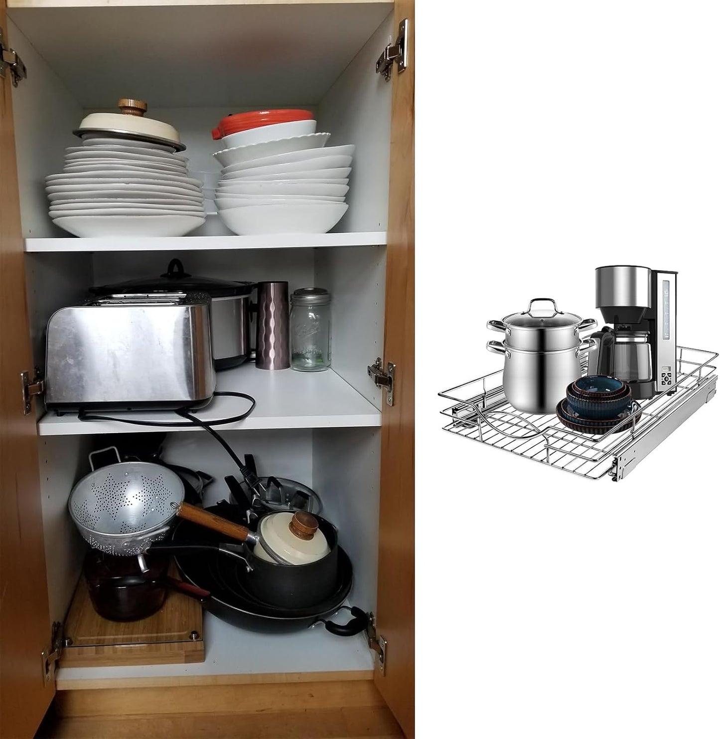 Sikarou Pull Out Cabinet Organizer, Heavy Duty Kitchen Cabinet Pull Out Shelves, Slide Out Wire Basket for Kitchen Cabinets, Bathroom, Pantry, Chrome Finish (11 * 17 in)