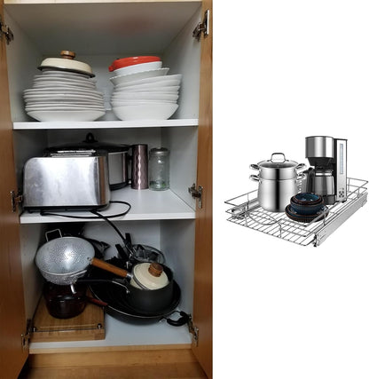 Sikarou Pull Out Cabinet Organizer, Heavy Duty Kitchen Cabinet Pull Out Shelves, Slide Out Wire Basket for Kitchen Cabinets, Bathroom, Pantry, Chrome Finish (11 * 17 in)