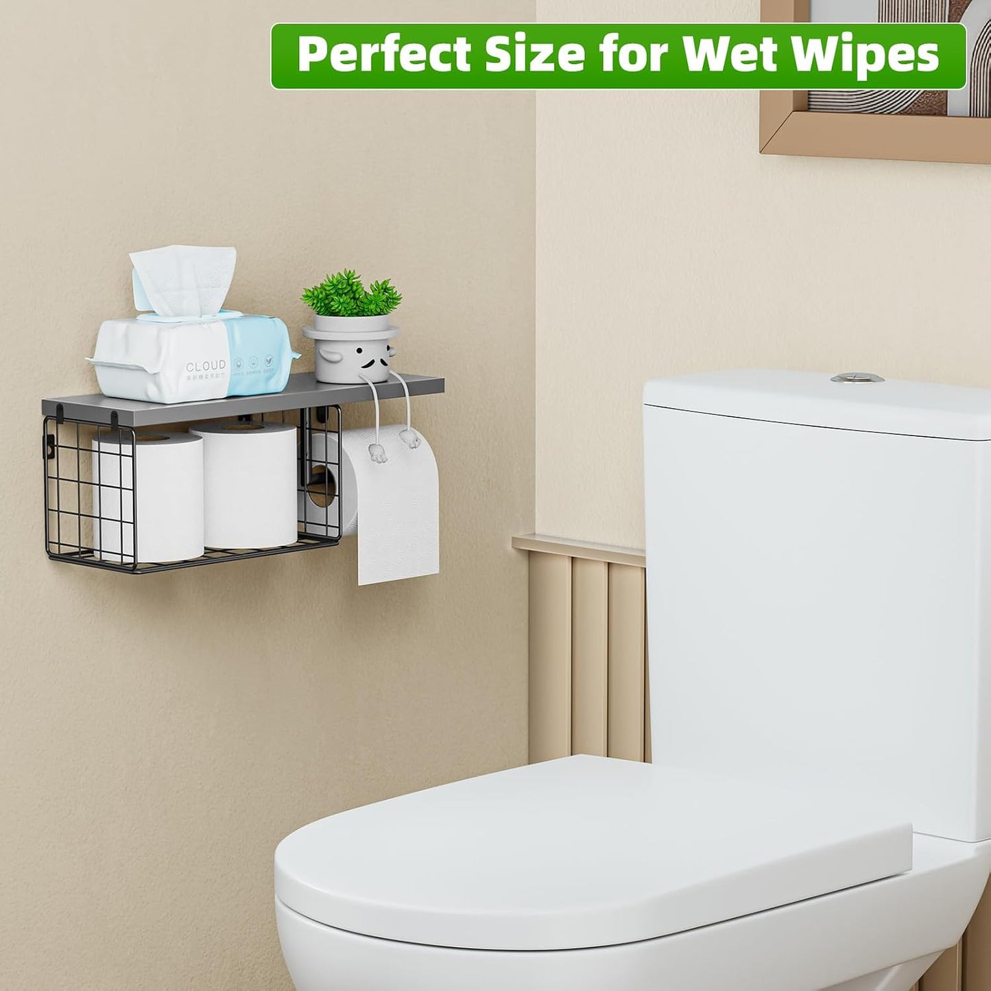 VITVITI Toilet Paper Holder with Shelf, Wall Mounted Storage Basket, Brown | Farmhouse Wall Mount Toilet Paper Holder Shelves, Wood Metal Toilet Roll Wipes Holder for Bathroom