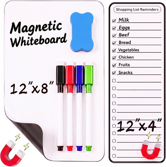 Dual-Sized Magnetic Whiteboard Set for Fridge 4 Markers and Eraser | Magnetic Dry Erase Board, 12" x 8" & 12" x 4" White board Set for Grocery Lists, Weekly Planning and Family Messages Board