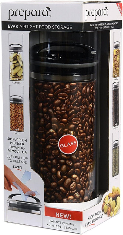 Prepara Evak Compact Glass Food Storage, Small, Black | Borosilicate Glass Container Vacuum Seal Lid & Black Handle, Odor & BPA-Free, Ideal for Coffee, Tea, Pantry Dry Goods