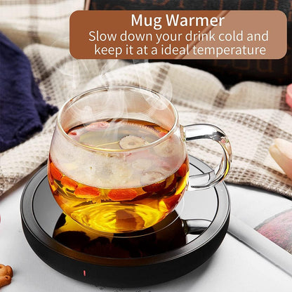 Mug Warmer with 4-Hour Auto Shut Off, 3 Temperature Settings, Frosted Black Rectangular Electric Beverage Heater, Borosilicate Glass Panel, 54-Inch Cord, Coffee Warmer for Desk, Tea Warmer
