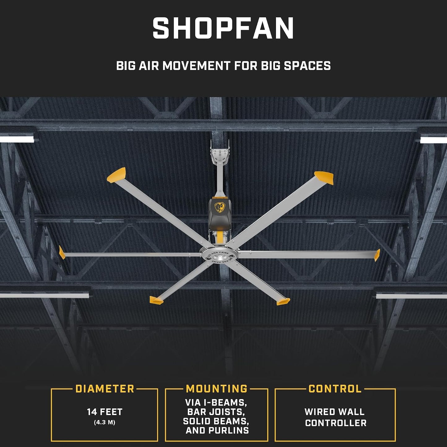 Big Ass Fans - ShopFan, 14 ft. HVLS Industrial/Commercial Ceiling Fan, Yellow/Silver Aluminum, 120V/1ph, 2ft. Extension Tube, Variable Speed