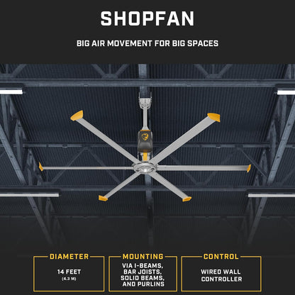 Big Ass Fans - ShopFan, 14 ft. HVLS Industrial/Commercial Ceiling Fan, Yellow/Silver Aluminum, 120V/1ph, 2ft. Extension Tube, Variable Speed