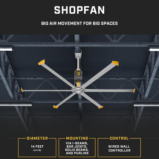 Big Ass Fans - ShopFan, 14 ft. HVLS Industrial/Commercial Ceiling Fan, Yellow/Silver Aluminum, 120V/1ph, 2ft. Extension Tube, Variable Speed