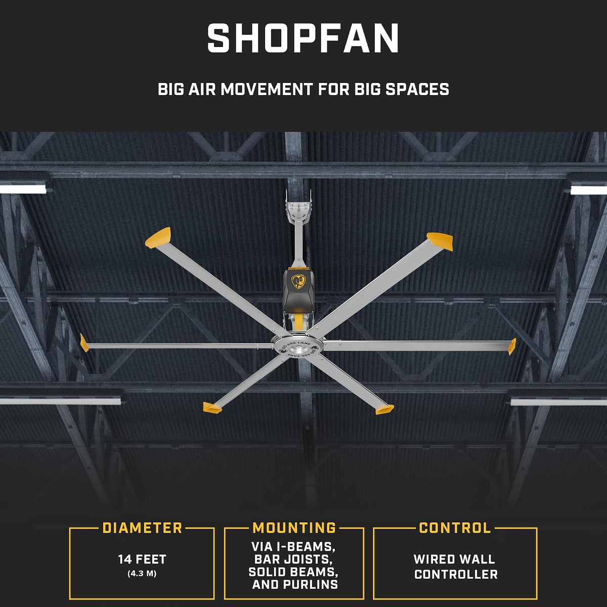 Big Ass Fans - ShopFan, 14 ft. HVLS Industrial/Commercial Ceiling Fan, Yellow/Silver Aluminum, 120V/1ph, 2ft. Extension Tube, Variable Speed