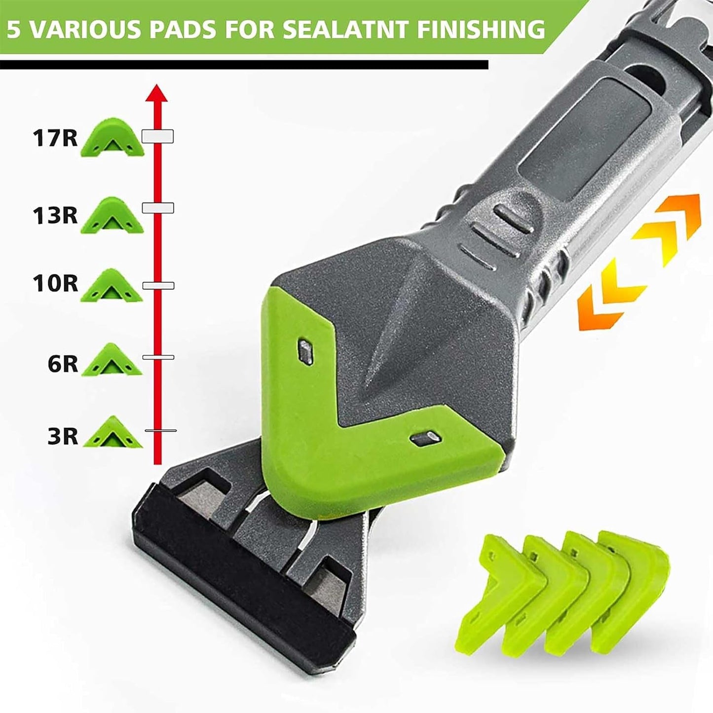Caulking Tool 5 in 1, Caulk Remover & Sealant Finishing Tool, 10-Piece Kit | 5 Silicone Pads + 2 Stainless Steel Blades + 4 Angle Scrapers | Seam Repair for Kitchen, Bathroom, Tile & Window Joints