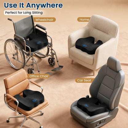 BlissTrends Memory Foam Seat Cushion for Office Chair & Car Seat, Black | 4.7in Ergonomic Tailbone & Sciatica Support with Removable Velvet Cover for Pressure Relief and Long Sitting Comfort