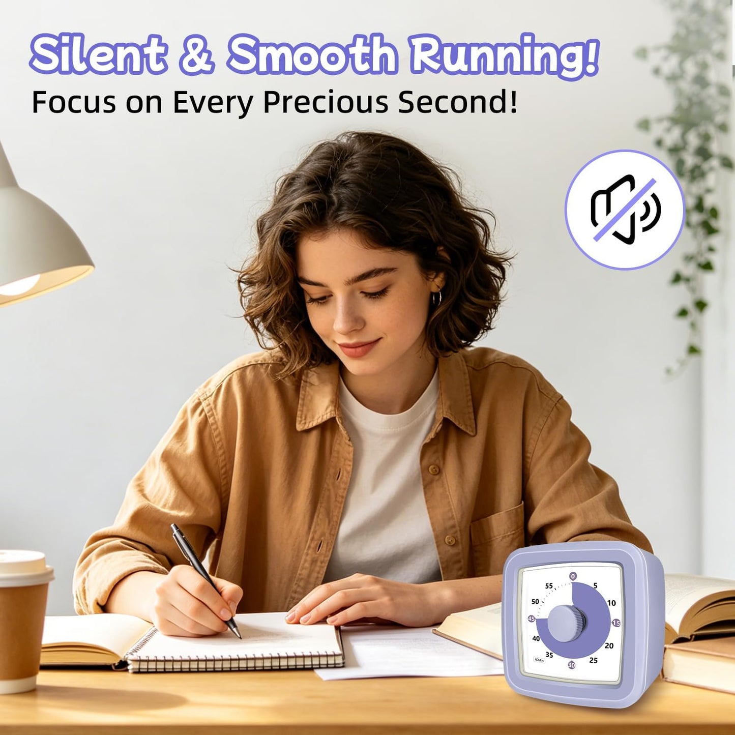 Visual Timer 60 Minute Timer Silent Countdown Clock – No Ticking, Gentle Ring with Mute Option, Timers for Kids Homework Classroom Management Kitchen Pasta, Adult Pomodoro & Deep Work, Purple