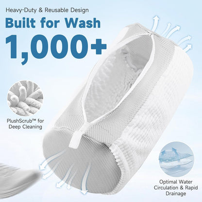 2PCS XXL Shoe Washing Machine Bag with Adjustable Shoes Trees - Heavy Duty Reusable Shoe Laundry Bag for Washer and Dryer - 360° Deep Clean & Protect Chenille Microfiber Sneakers Wash Bags - White
