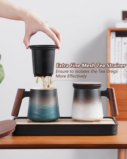 ZENS Tea Mug with Infuser and Lid for Loose Leaf Tea Steeper, 16.9oz Moss | Embossed Ceramic Tea Cup with Infuser for Herbal Tea Difussers, Tea Lovers Gifts, Nature Wood Handle