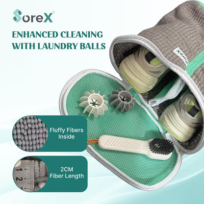 Shoe Washing Machine Bag with Zippered Pocket | Durable Mesh Sneaker Laundry Bag with 2 Laundry Balls & Shoe Washing Brush, Heavy Duty Zipper, No Color Transfer (White)