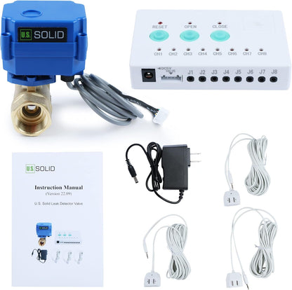 U.S. Solid Water Leak Detector with Auto Shutoff Valve, Sound Alarm, 3/4" Motorized Brass Ball Valve & 3 Sensors, Home Flood Prevention & Water Damage Defense for Basement, Laundry, Water Heater