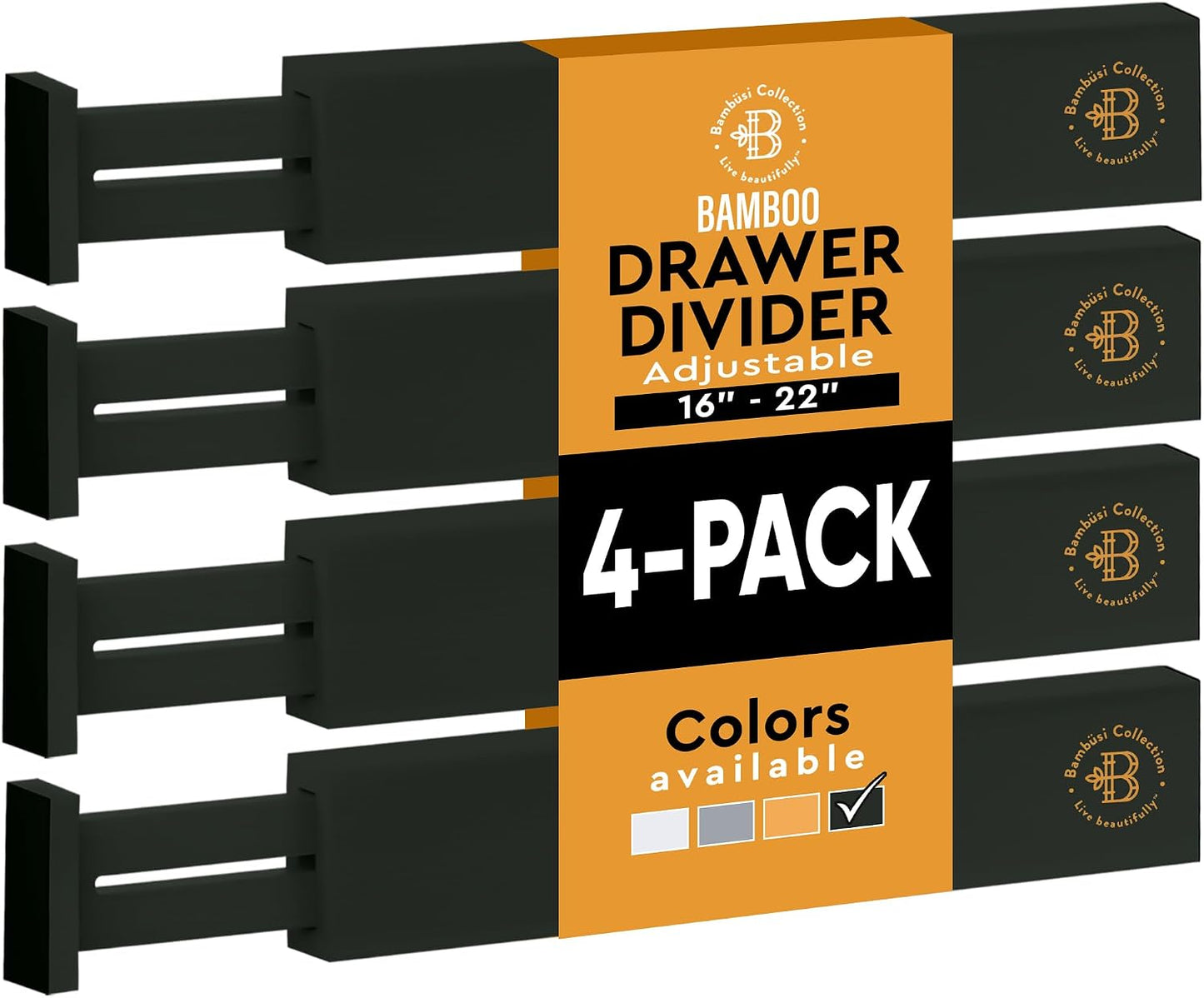 4-Pack Drawer Dividers 2.6-Inch High Dresser Organizer 16 to 22 Inch, Black | Bamboo, Spring Loaded, No Tools Needed, Fits Wide Drawers for Socks, Clothes, Utensils, Bedroom, Bathroom, Kitchen, Office
