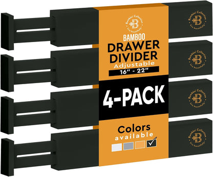 4-Pack Drawer Dividers 2.6-Inch High Dresser Organizer 16 to 22 Inch, Black | Bamboo, Spring Loaded, No Tools Needed, Fits Wide Drawers for Socks, Clothes, Utensils, Bedroom, Bathroom, Kitchen, Office
