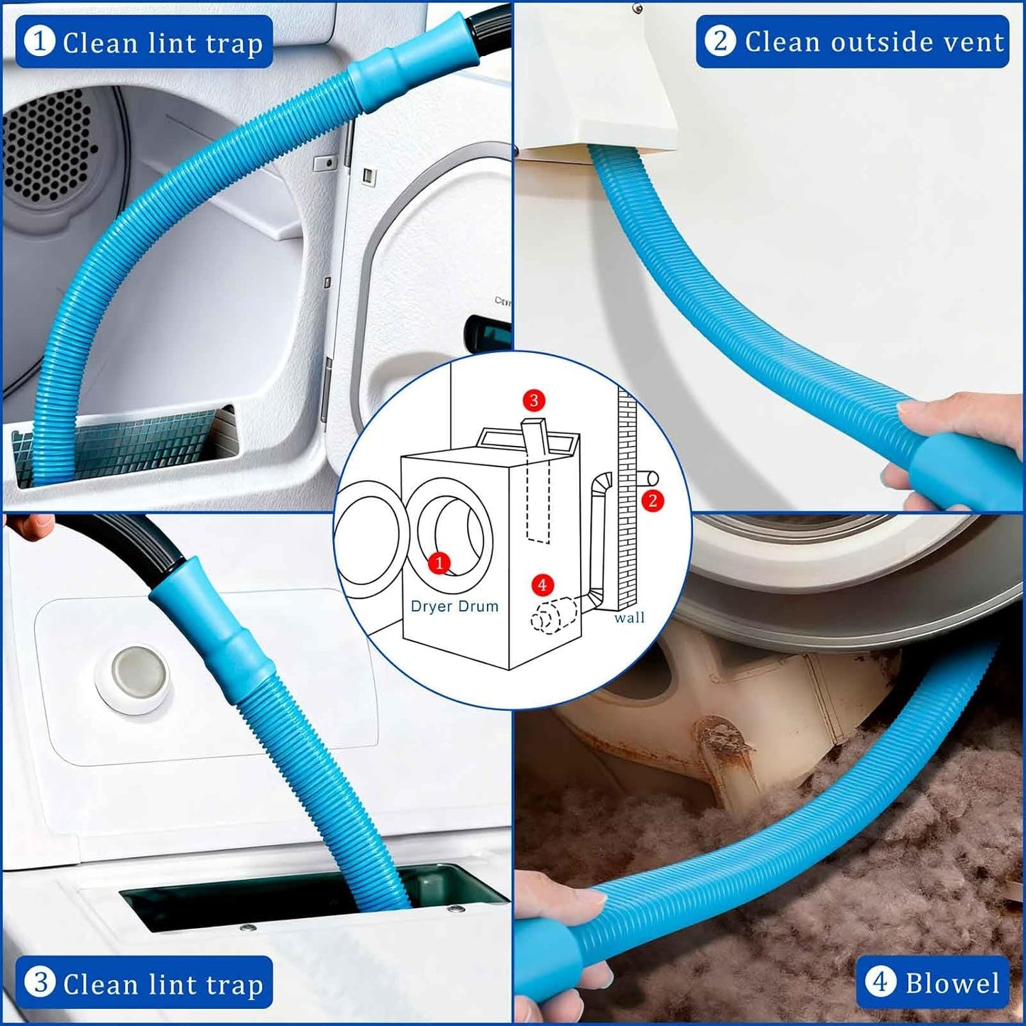 Dryer Vent Cleaner Kit with Dryer Vacuum Hose Attachment | 4-in-1 Multi-Lint Remover Brush, Suitable for Most Vacuum Cleaners, for Efficient, Safe, and Thorough Dryer Lint Cleaner Tool