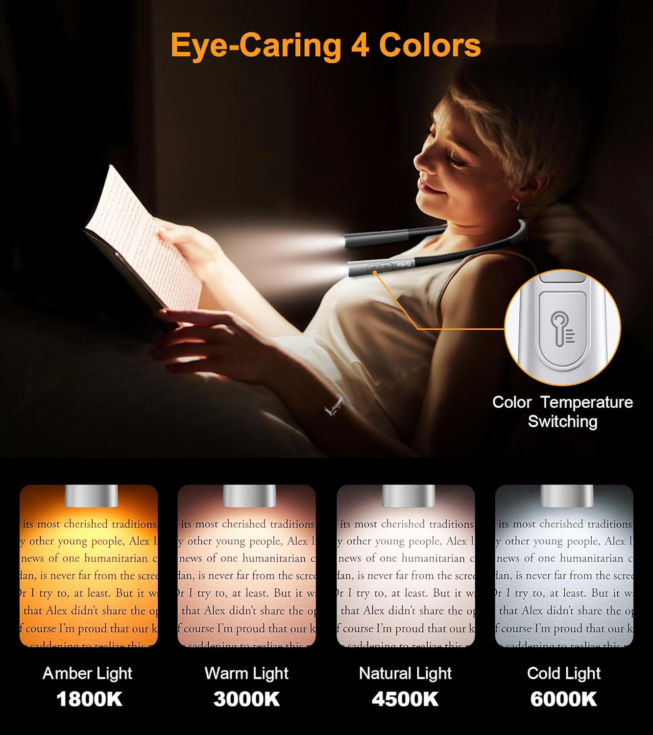 Gritin Book Light, Eye Caring 4-Color&5-Brightness Neck Light Reading Light | Stepless Dimming, 30-min Timer, 80+ Hrs Runtime, Bendable Round Neck Design, Lightweight for Reading, Knitting, Repairing