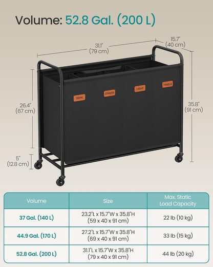 SONGMICS 2-Section Laundry Sorter, Laundry Hamper with Wheels, Rolling Clothes Hamper Cart with Large Capacity and Removable Bags, for Laundry Room, Bedroom, Bathroom, Ink Black URLS210B01 | Rolling Clothes Hamper Cart, Large Capacity, for Laundry Room,