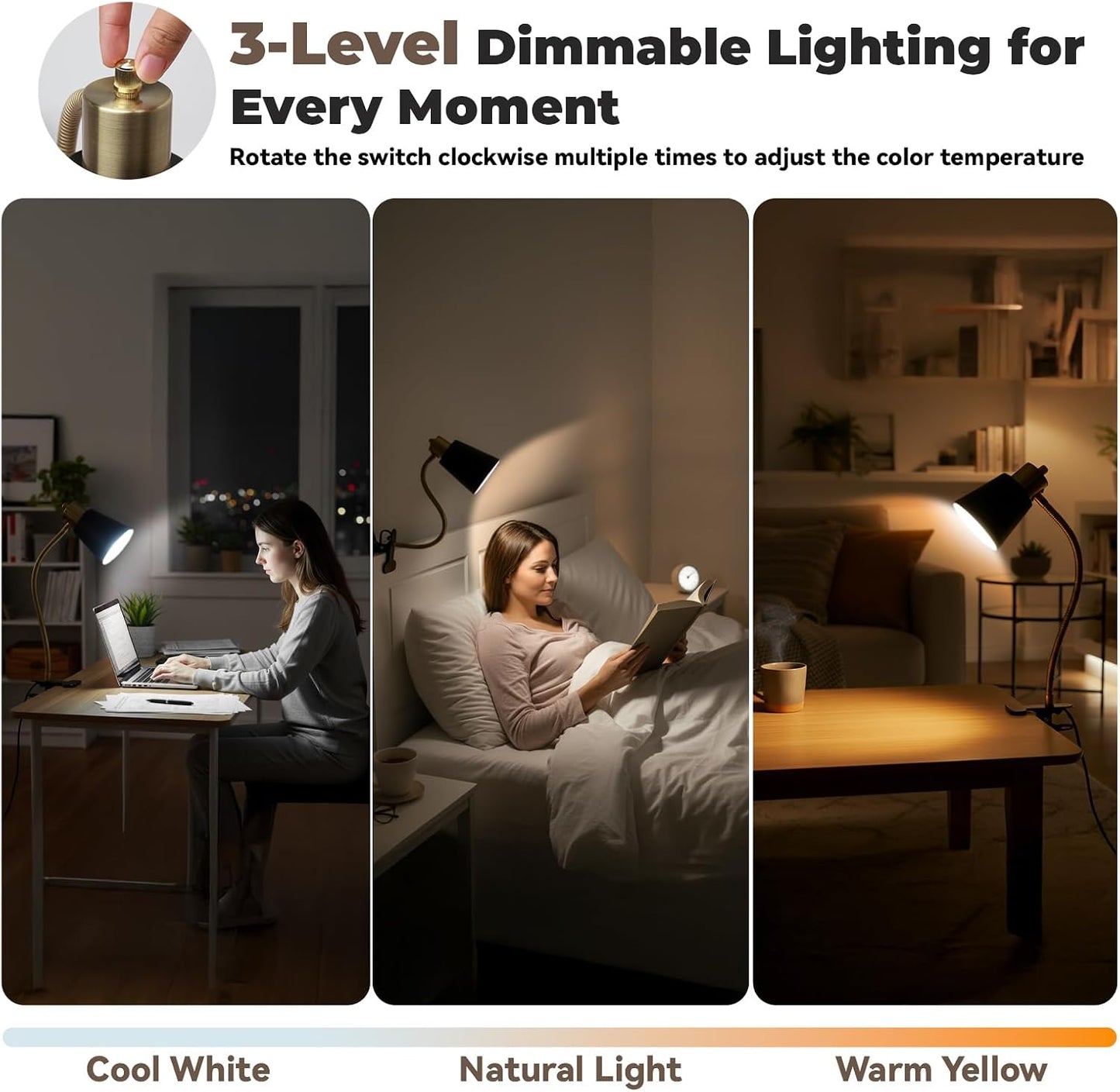 Desk lamp Eye-Caring Table Lamps, 360°Rotation Gooseneck Clip on Lamp Reading Light Portable Reading Book Light Clamp Study Desk Lamps for Bedroom and Office Home Lighting (White)