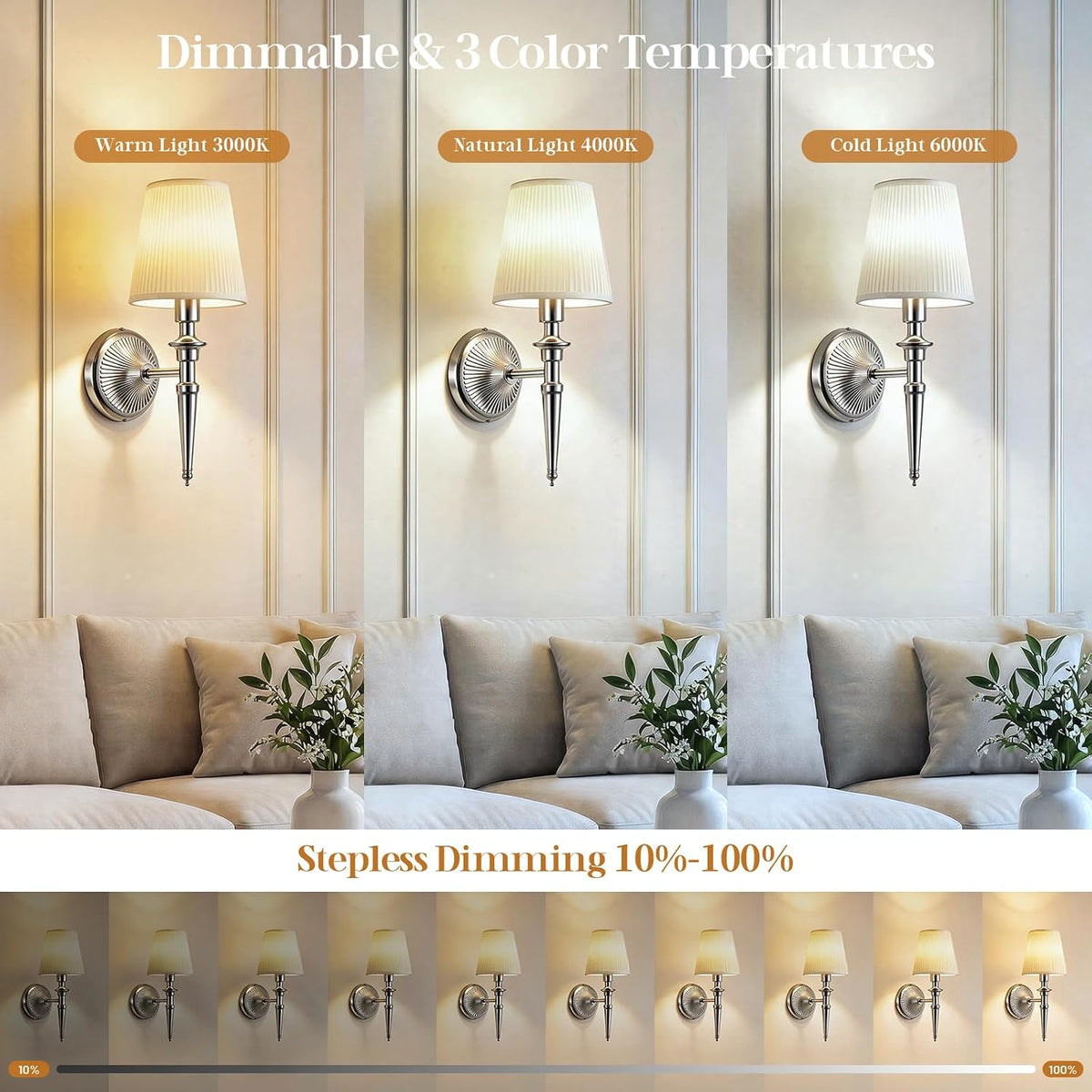 Battery Operated Wall Sconces Set of 2, Wireless Rechargeable Wall Lights with 12 RGB Colors and 3CCT Dimmable, Small Fabric LED Wall Lamps for Bedroom, Living Room, Hallway, Gold