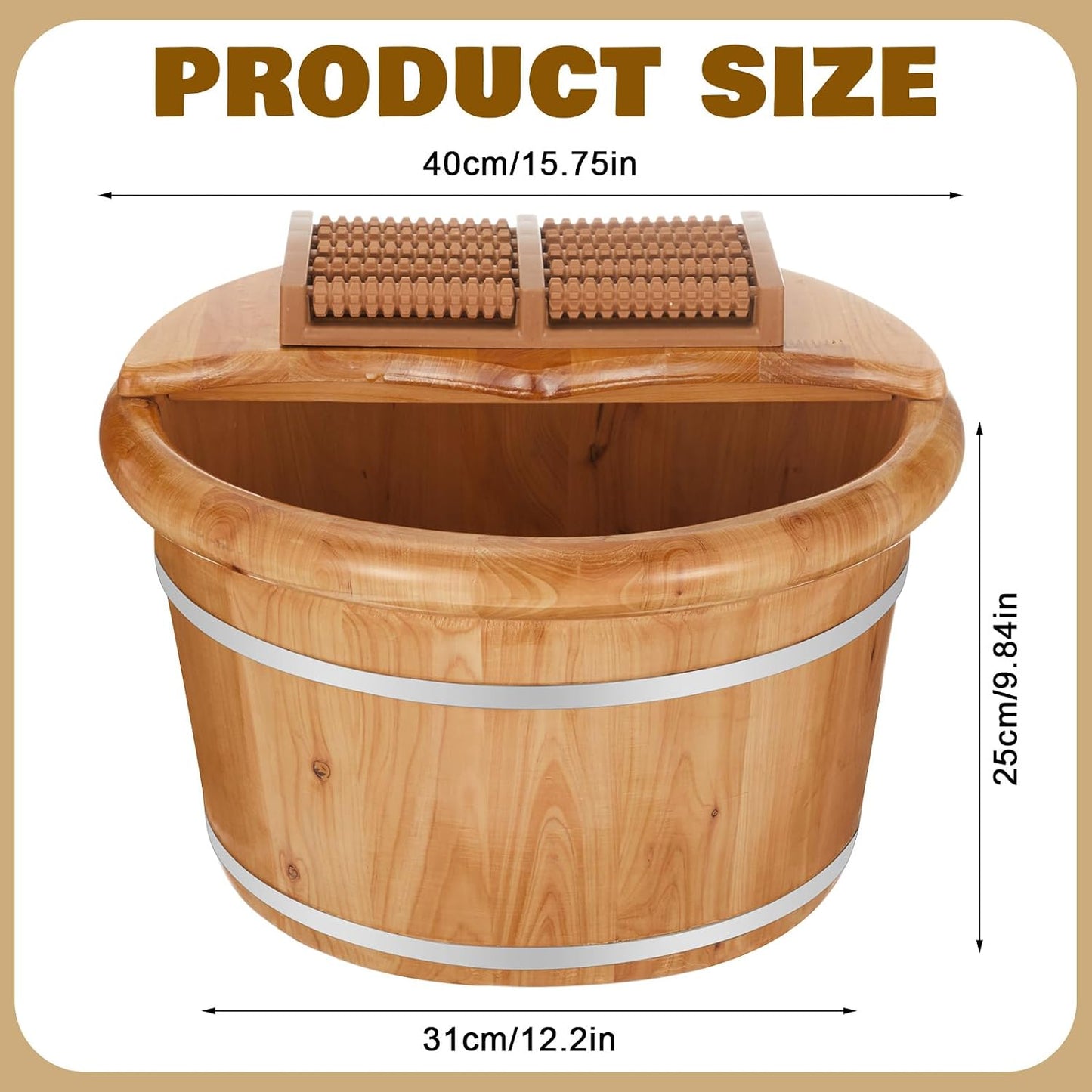 10.24 Inch Tall Wooden Foot Bath Bucket with Massage Roller and Lid, Thick Insulated Wooden Foot Basin for Relaxation, Massage Soles, Suitable for Families, Athletes and Elderly (Wood)