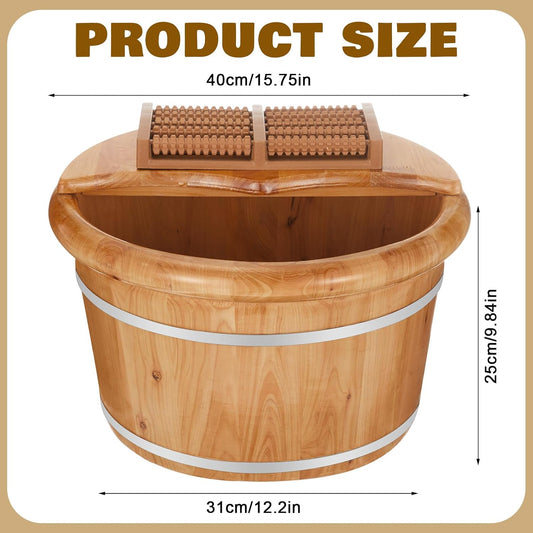 10.24 Inch Tall Wooden Foot Bath Bucket with Massage Roller and Lid, Thick Insulated Wooden Foot Basin for Relaxation, Massage Soles, Suitable for Families, Athletes and Elderly (Wood)