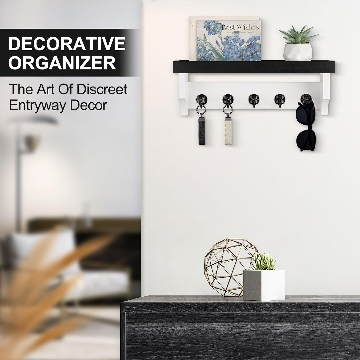 Key and Mail Holder Wall Mount, Mail Organizer with 5 Key Hooks | Key Holder with Shelf, Key Holder for Coat, Dog Leash, Home Decor Rack, Entry Way Organizer