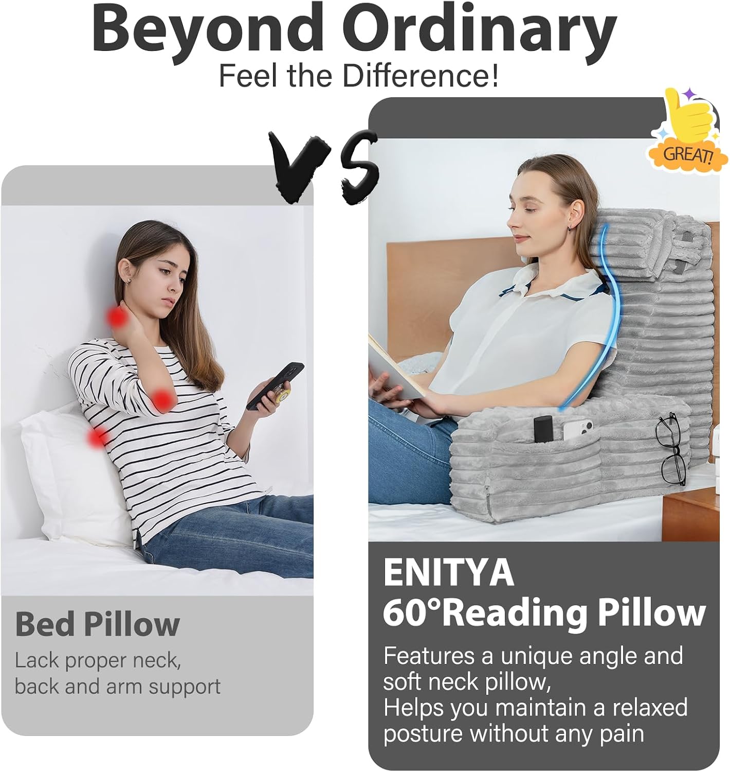 ENITYA 22" XL Back Pillow for Bed Sitting Up with Armrests & Big Pockets | Reading Pillow for Bed, Soft Back Support Chair, Ideal for Watching TV, Gaming, Nursing, Resting, Post Surgery, Dark Grey