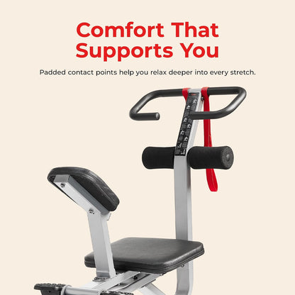 Sunny Health & Fitness Full Body Stretch Machine Back Stretcher Pivot Seat | Pivoting Seat, Multi-Use Handlebar, Padded Back Support, Full-Body Stretching, Flexibility Training, Home Gym Use
