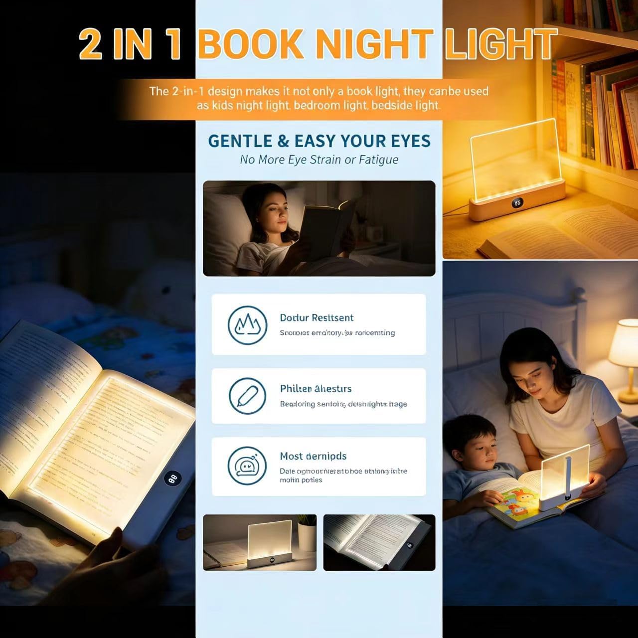 White Smart Led Reading Light, Book Light Treasure Box, Rechargeable Clear LED Flat Reading Light with 3 Colors & Timer, Doodleable Study Lamp, The Quiet Reader's Dream Lights