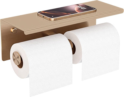FORIOUS Toilet Paper Holder with Shelf, Commercial Toilet Paper Dispensers | Brushed Nickel | Wall Mount Bathroom Tissue Holder | SUS304 Stainless Steel Rustproof | Double Tissue Roll Holder