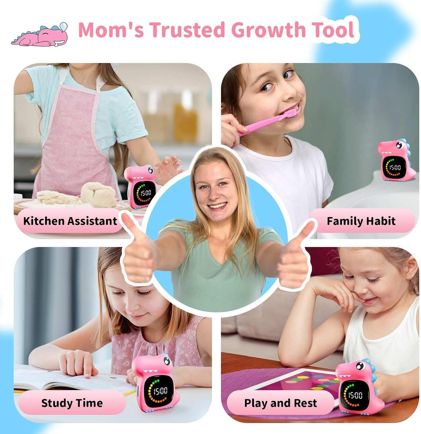 Pink Dinosaur Visual Timer for Kids, Girls Potty Training Timer | Color Countdown, Rechargeable, LED Screen, 99 Minute, Toddler, Children, Transition, 2-Min Toothbrush Setting, Hand Washing