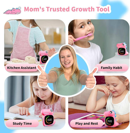 Pink Dinosaur Visual Timer for Kids, Girls Potty Training Timer | Color Countdown, Rechargeable, LED Screen, 99 Minute, Toddler, Children, Transition, 2-Min Toothbrush Setting, Hand Washing