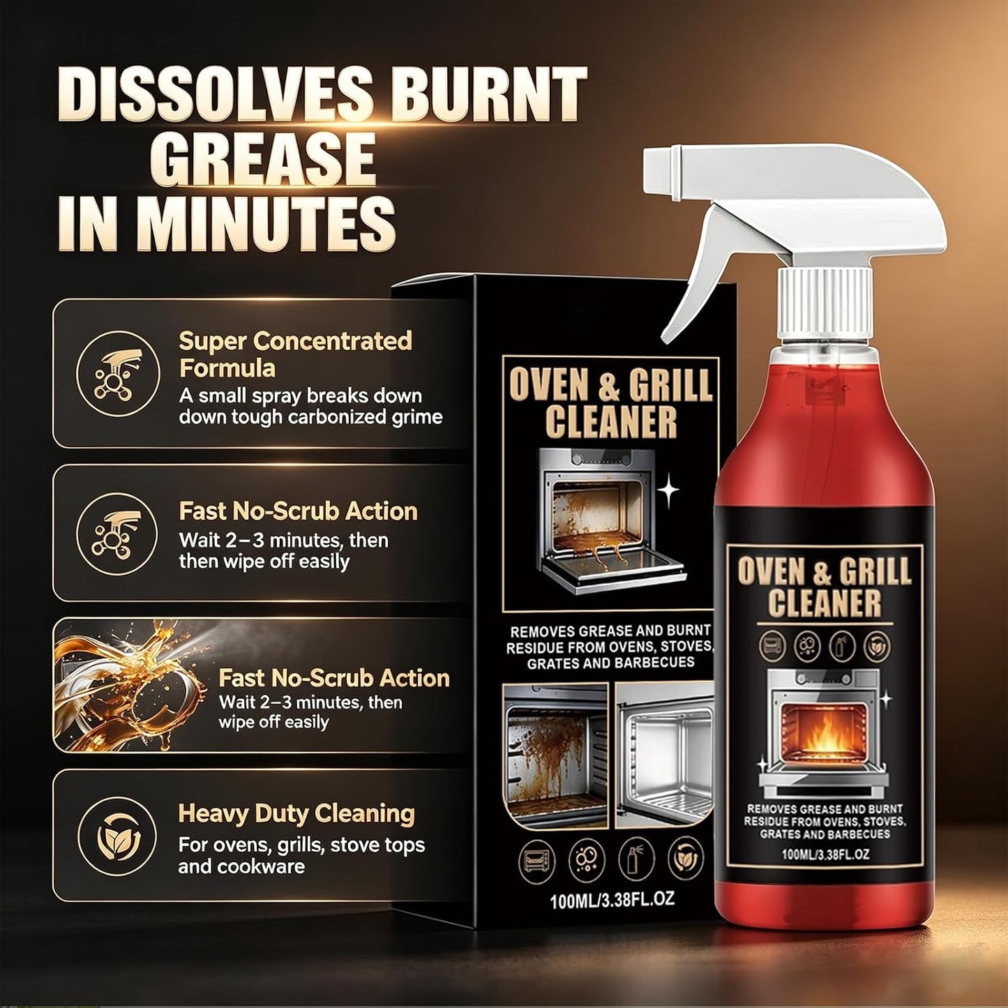 Oven & Grill Cleaner Spray Heavy Duty Super Concentrated Degreaser, No Scrub Formula for Burnt Grease, Air Fryer, BBQ Grates, Stove, Microwave & Kitchen Cookware, Deep Cleaning Solution, 3.38oz/100ML
