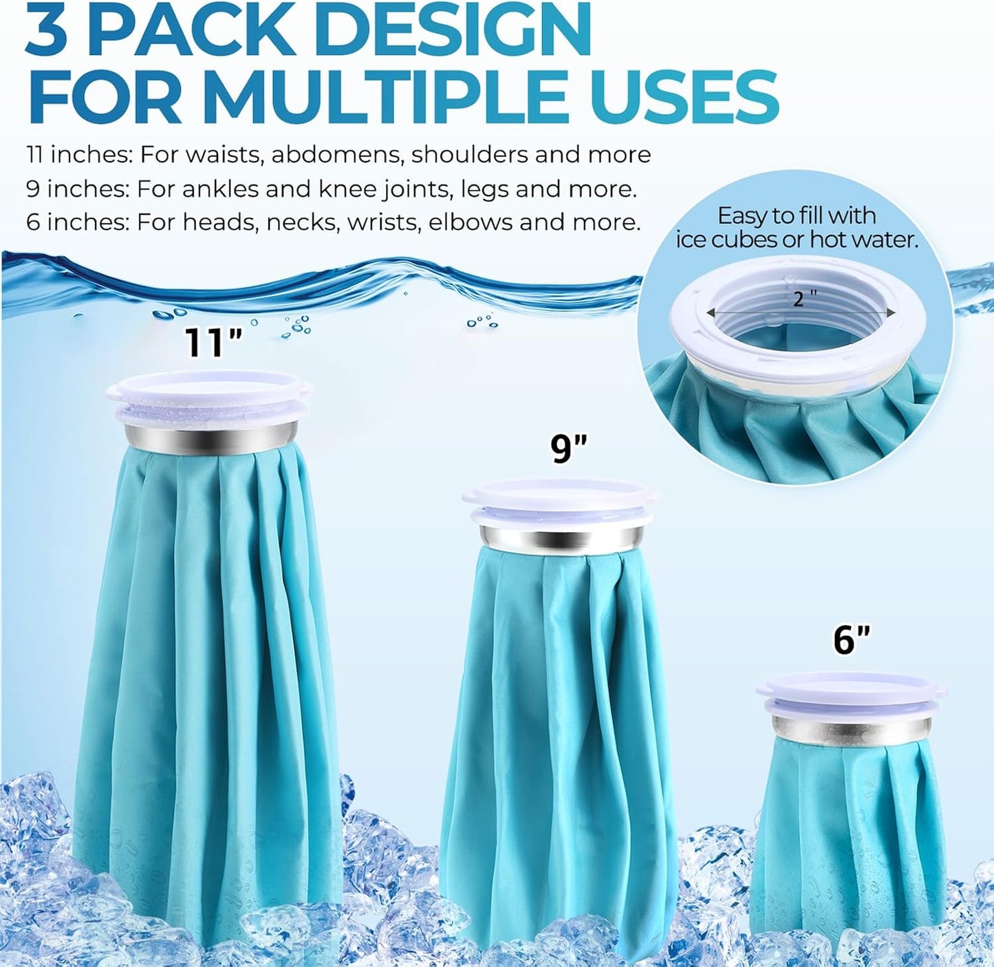 Ice Bags for Injuries Reusable: Ohuhu 3 Packs Ice Cold Packs with 2 Wrap Ice Bag Hot Water Hot & Cold Therapy Pain Relief for Knee Leg Injury No-Leak Waterproof Ice Bags 3 Sizes 6"/9"/11", Light Blue