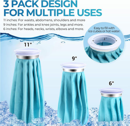 Ice Bags for Injuries Reusable: Ohuhu 3 Packs Ice Cold Packs with 2 Wrap Ice Bag Hot Water Hot & Cold Therapy Pain Relief for Knee Leg Injury No-Leak Waterproof Ice Bags 3 Sizes 6"/9"/11", Light Blue