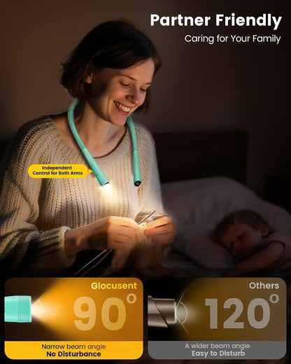 Glocusent Neck Light with Timer, 100 Hours Book Light for Bedtime Reading | Neck Reading Light, 3-Color, 5 Brightness, Bendable, Ergonomic, 1600mAh, Rechargeable, Eye Care, Sleep Aid, Travel Lock, Gift
