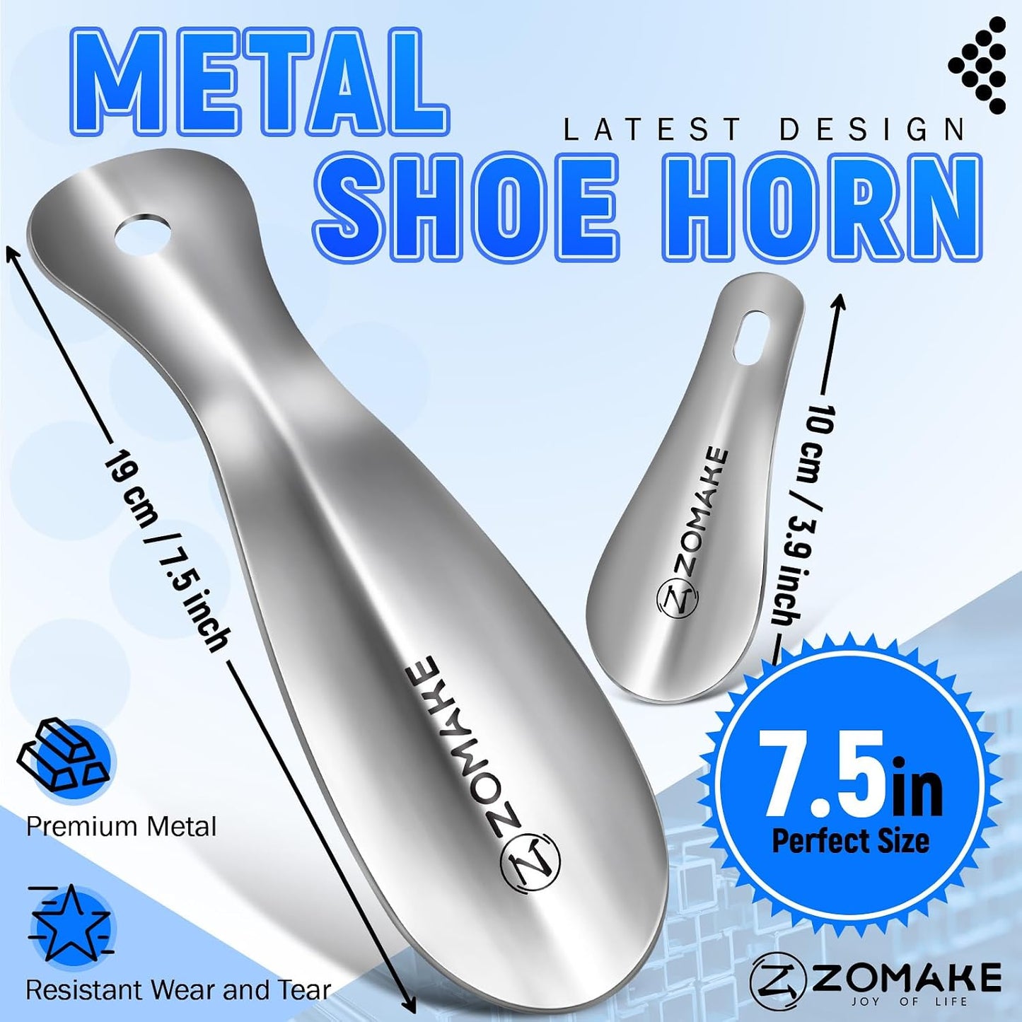 ZOMAKE Metal Shoe Horn, Small Travel Shoehorn for Men Women Kids 7.5''&3.9" | 3 Pack Stainless Steel Portable Shoe Spoon Helper, Compact Travel Size, Built-In Hang Hole, Smooth Rounded Curve, Shoe Care