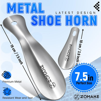 ZOMAKE Metal Shoe Horn, Small Travel Shoehorn for Men Women Kids 7.5''&3.9" | 3 Pack Stainless Steel Portable Shoe Spoon Helper, Compact Travel Size, Built-In Hang Hole, Smooth Rounded Curve, Shoe Care