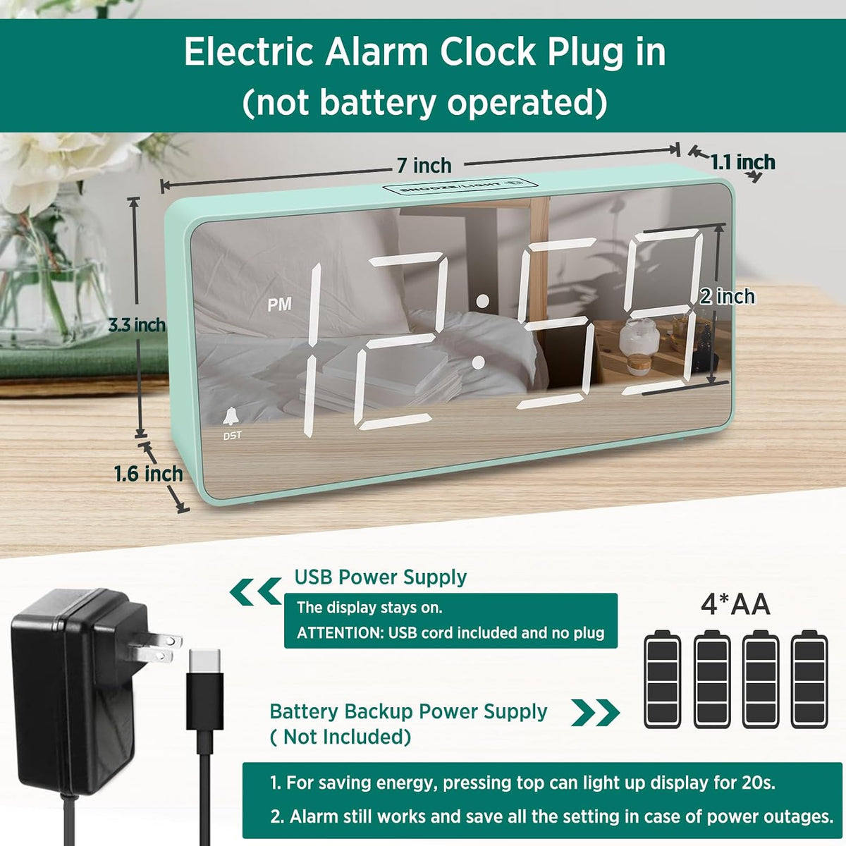 Peakeep Digital Alarm Clock for Bedroom Bedside, Large Display, USB Charger