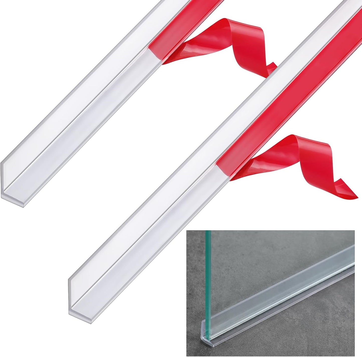 2 Pcs L-Type Seal Strip 3/8'' X 73'' Clear Vinyl Glass Shower Door | Self-adhesive for Easy Install, Water Dam at Shower Bottom Threshold, Fits Frameless Glass Gaps, Prevents Bathroom Leaks