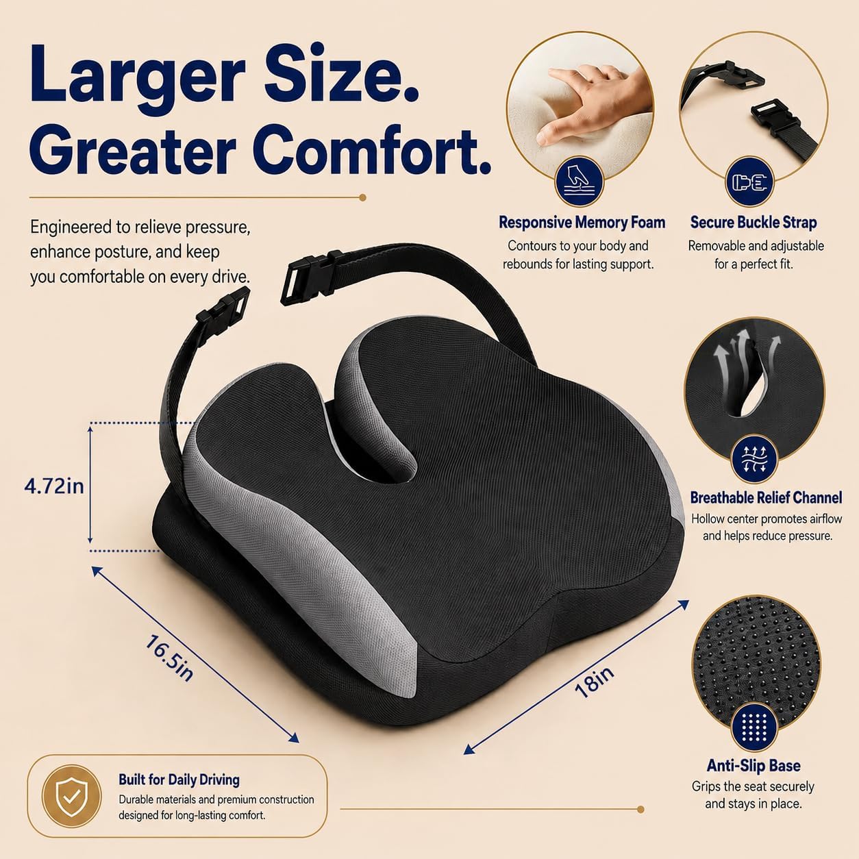 Memory Foam Ergonomic Seat Cushion for Office Chairs Pain Relief | Suitable for prolonged sitting, relieves tailbone pain, fits office chairs, wheelchairs, car seats and computer desk chairs