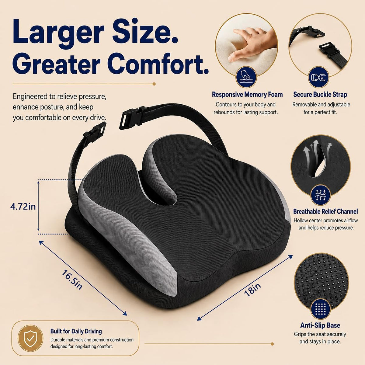 Memory Foam Ergonomic Seat Cushion for Office Chairs Pain Relief
