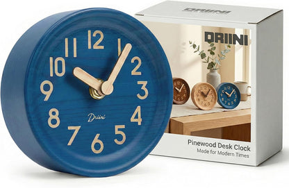 Driini Small, Silent Wooden Analog Desk Clock for Shelf or Table, Dark